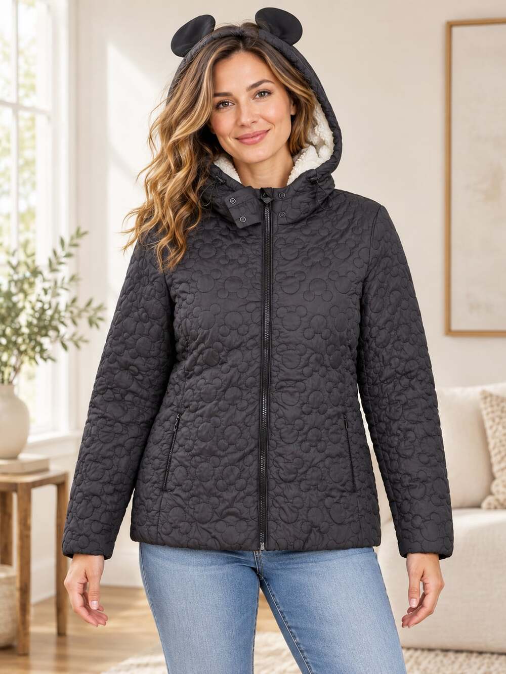 Disney Parks Mickey Mouse Quilted Sherpa Lined Jacket Hood Ears Black M